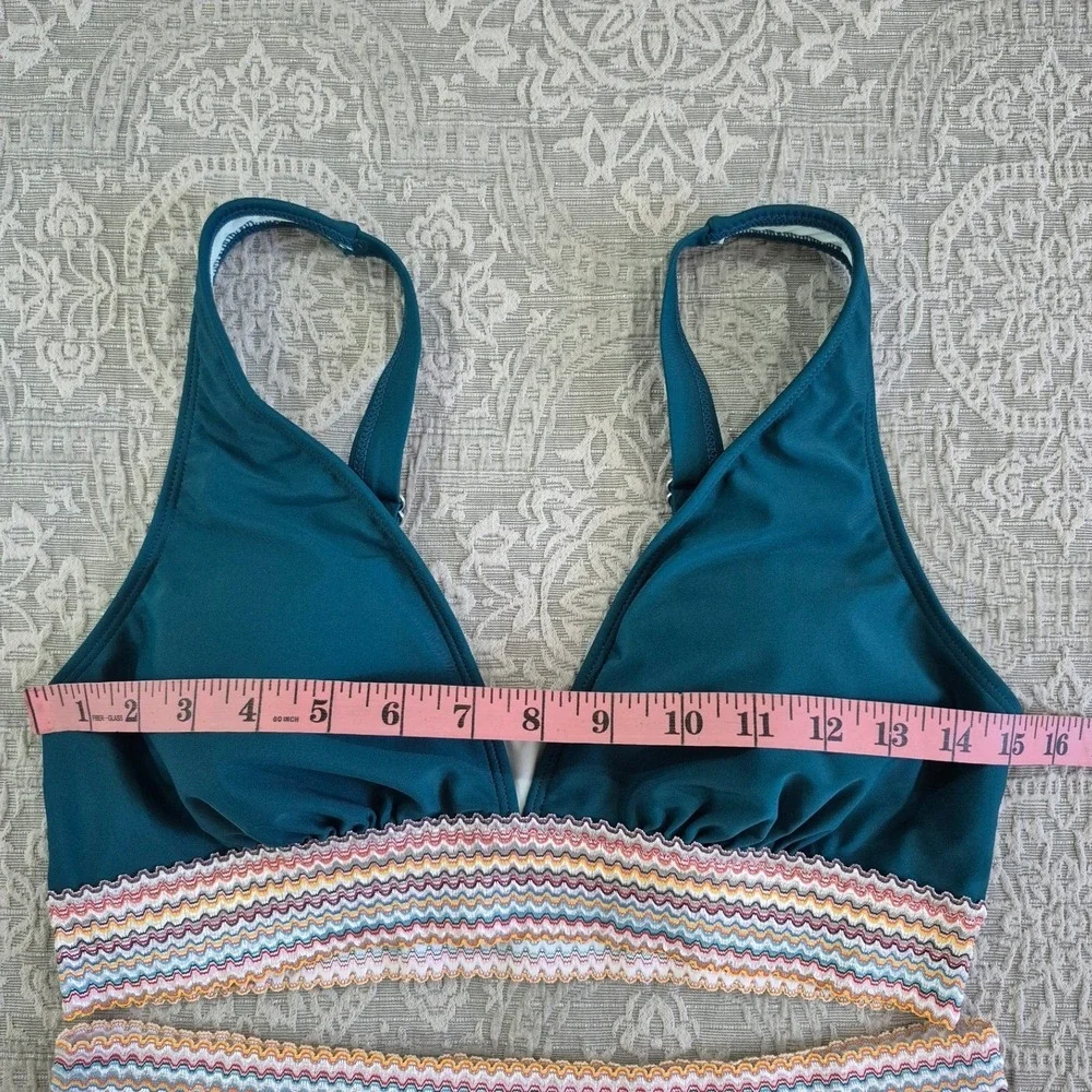 Teal High Waisted Bikini‎ Mesh Skirt Set Chevron Trim Womens Large